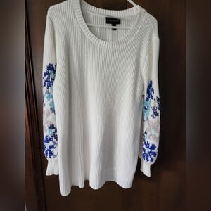Lane Bryant White Sweater with Navy Floral Sleeves
